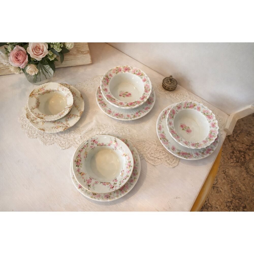 Vintage Shabby Chic rose china set of ramekins dessert finger bowls with plates